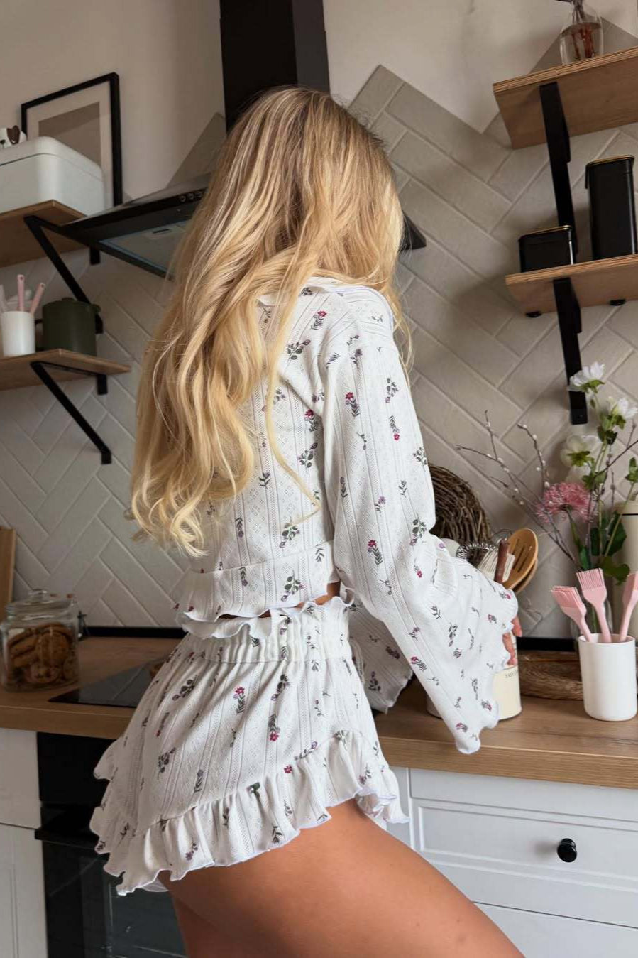 Floral Hollow Out Long Sleeve Cardigan and Shorts Set