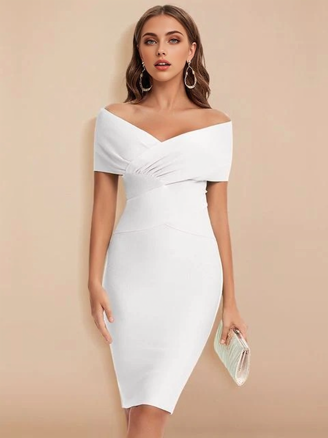 Off-Shoulder V-Neck Ruched Bandage Bodycon Dress 29