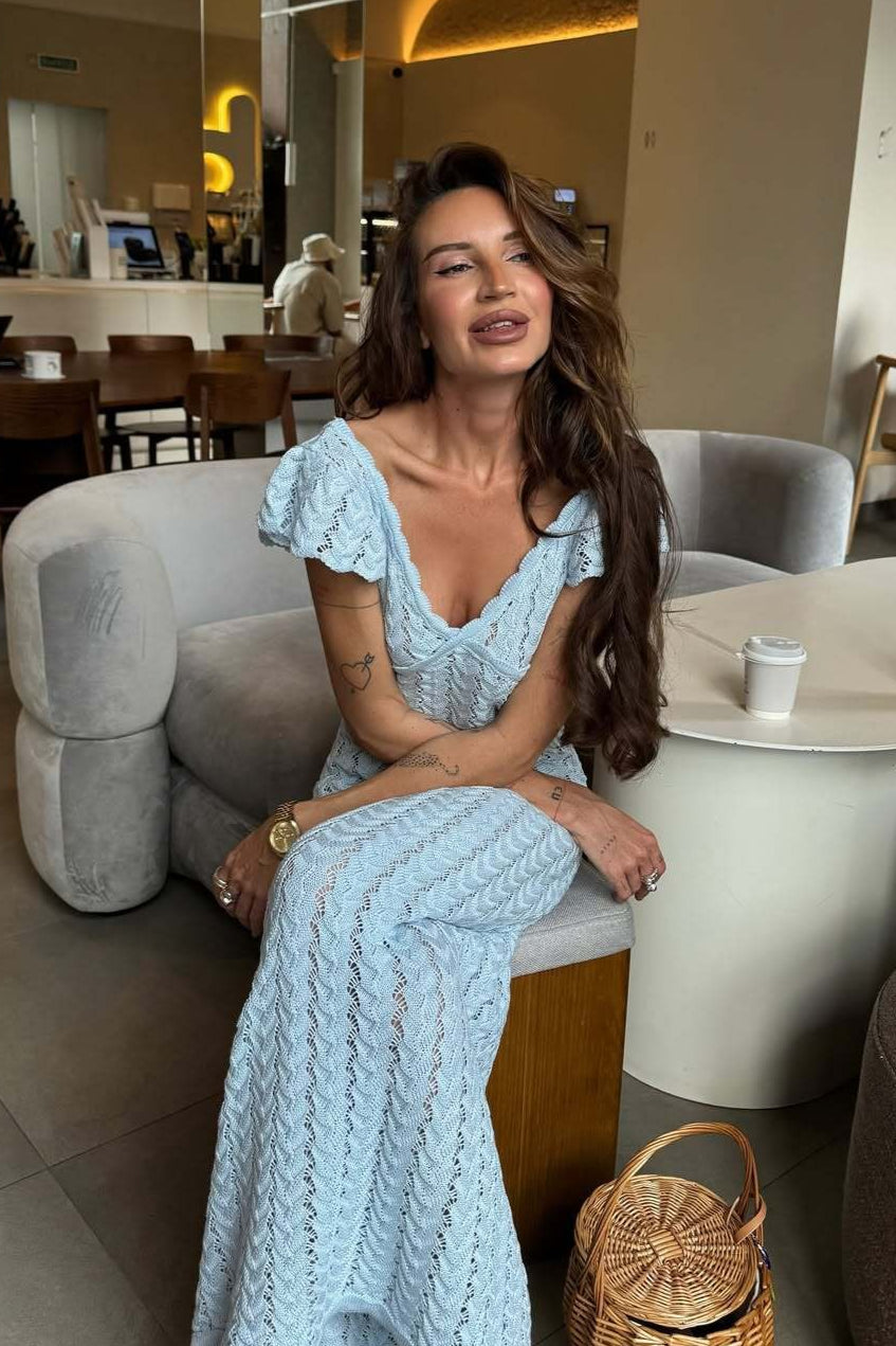 Crochet Knit V-Neck Flutter Sleeve Bodycon Maxi Dress 8