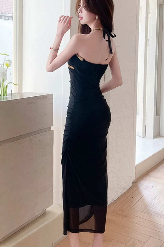 Halter Neck Rhinestone Trim Ruched Bodycon Midi Dress - View 5