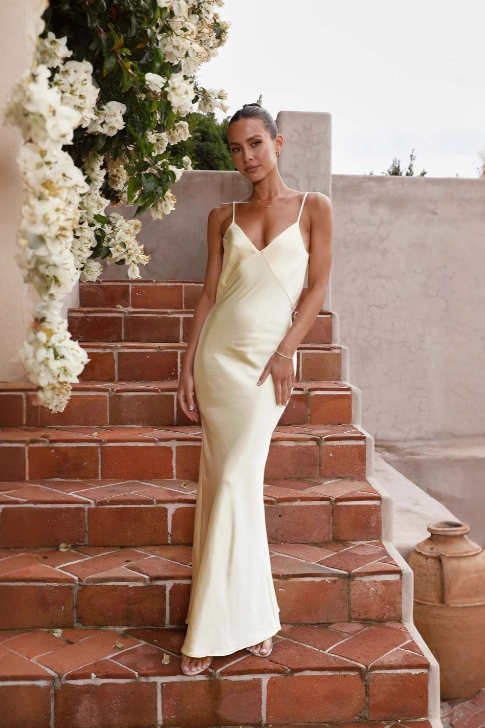 Satin Deep V-Neck Spaghetti Strap Bias Cut Slip Maxi Gown - View 3