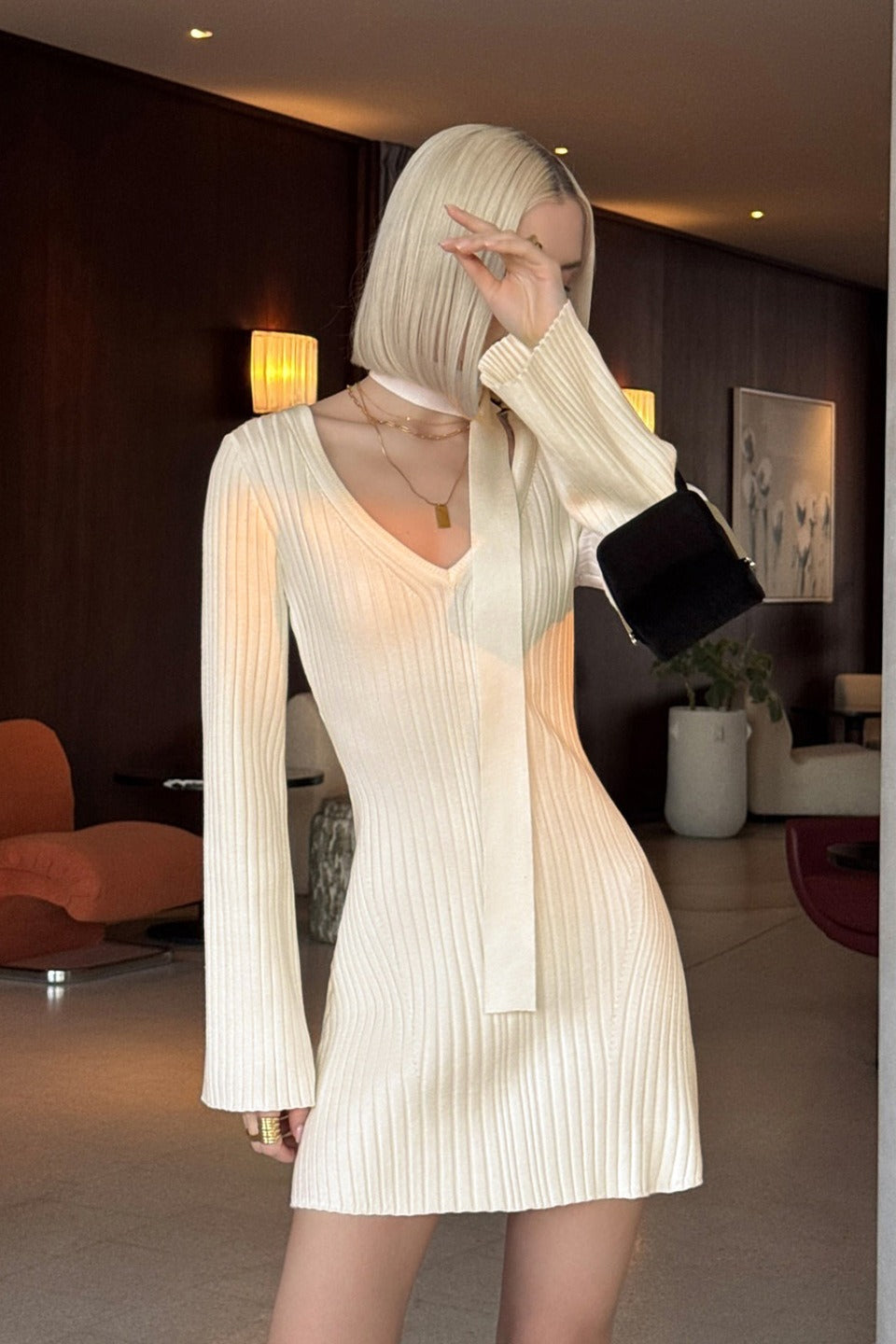 A-Line Knit Long Sleeve Mini Dress