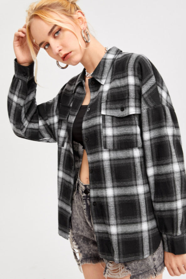 Plaid Stand Collar Button Shirt Blouse - Fashionpara