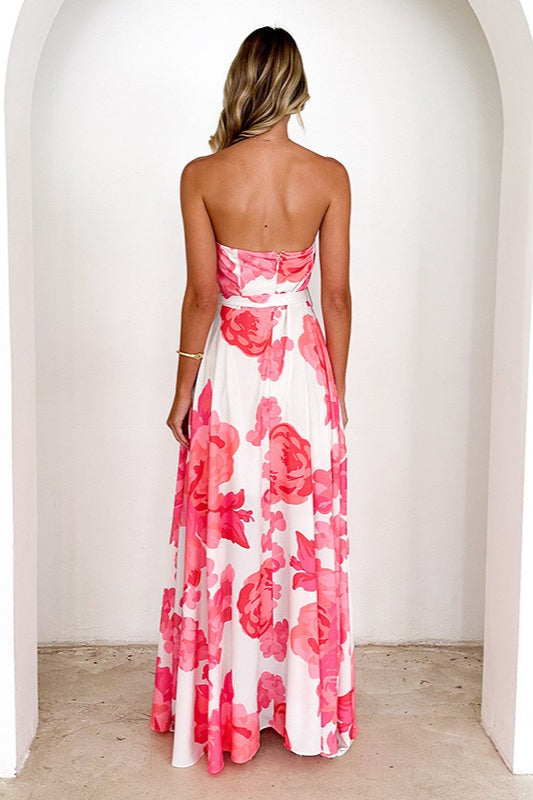 Floral Print Strapless Belted A-Line Maxi Dress
