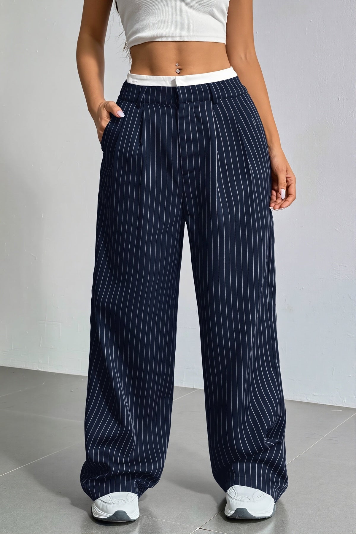 Pinstripe Double Waistband Pants