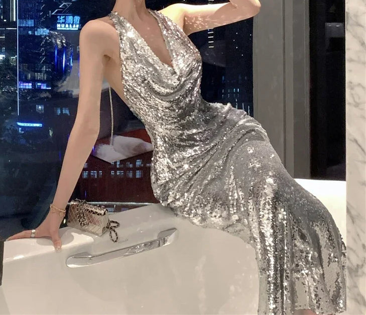 Sequin Halter Neck Cowl Backless Mermaid Maxi Gown 3