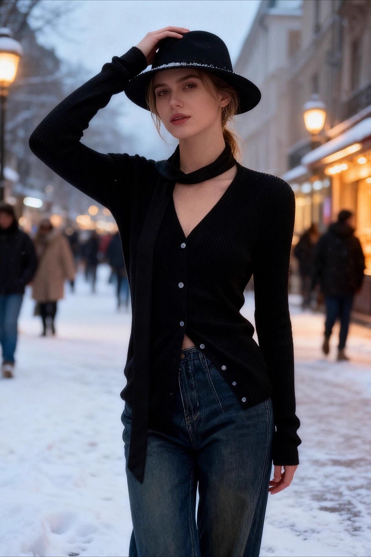 Snood Neck Ribbed Knit Top