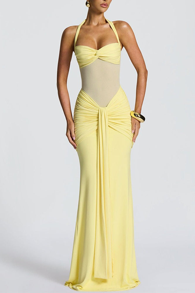 Halter Sweetheart Mesh-Cutout Ruched Mermaid Gown