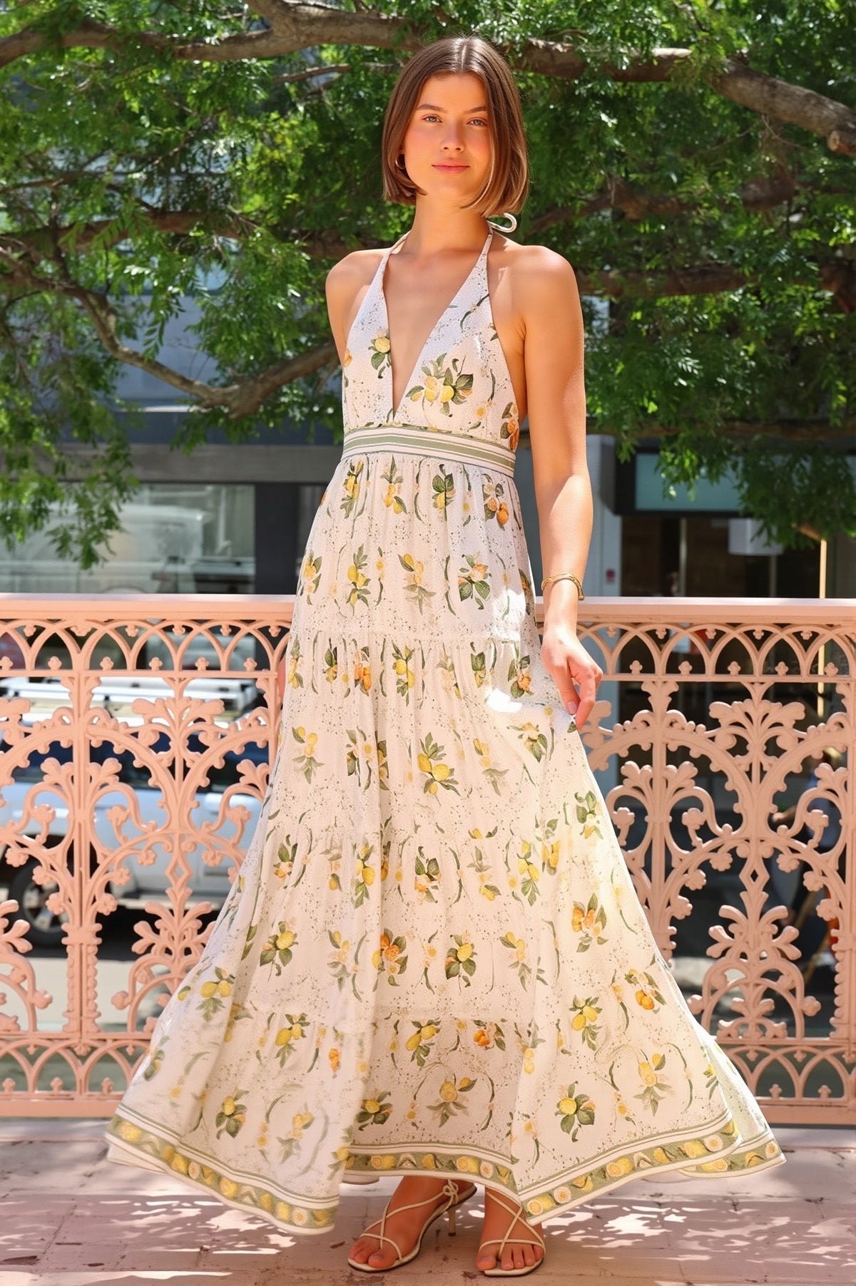 Lemon Print Halter Neck Tiered Maxi Dress 3