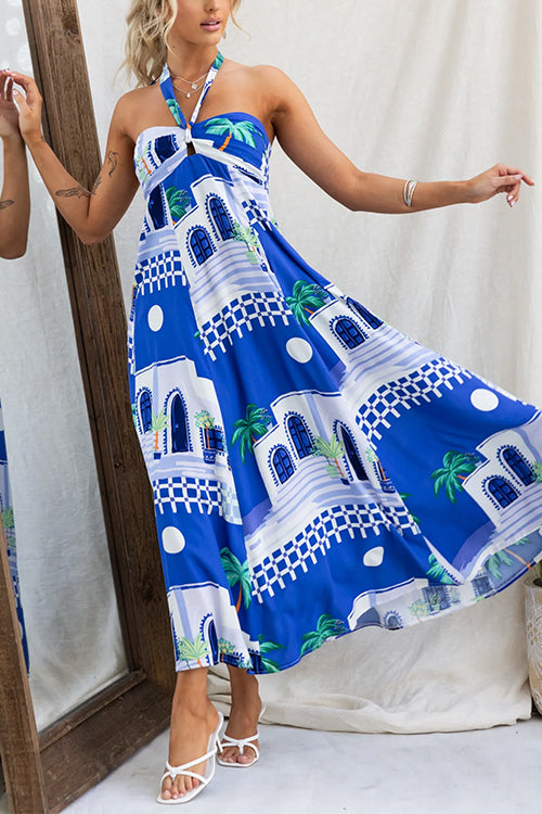Halter Backless Printed Flowy Maxi Holiday Dress - Fashionpara
