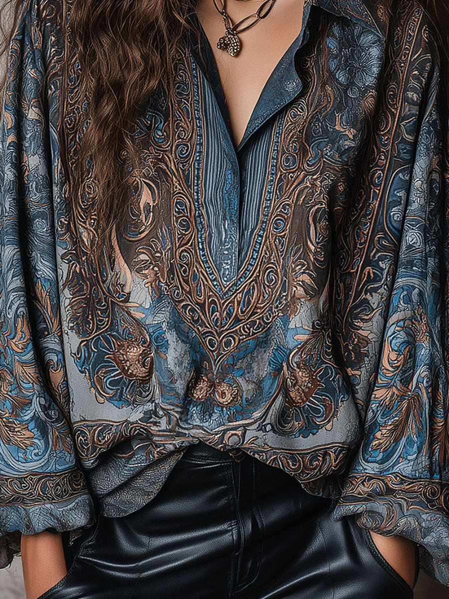 Retro Blue Bronze Baroque Paisley Print Loose Blouse - Fashionpara