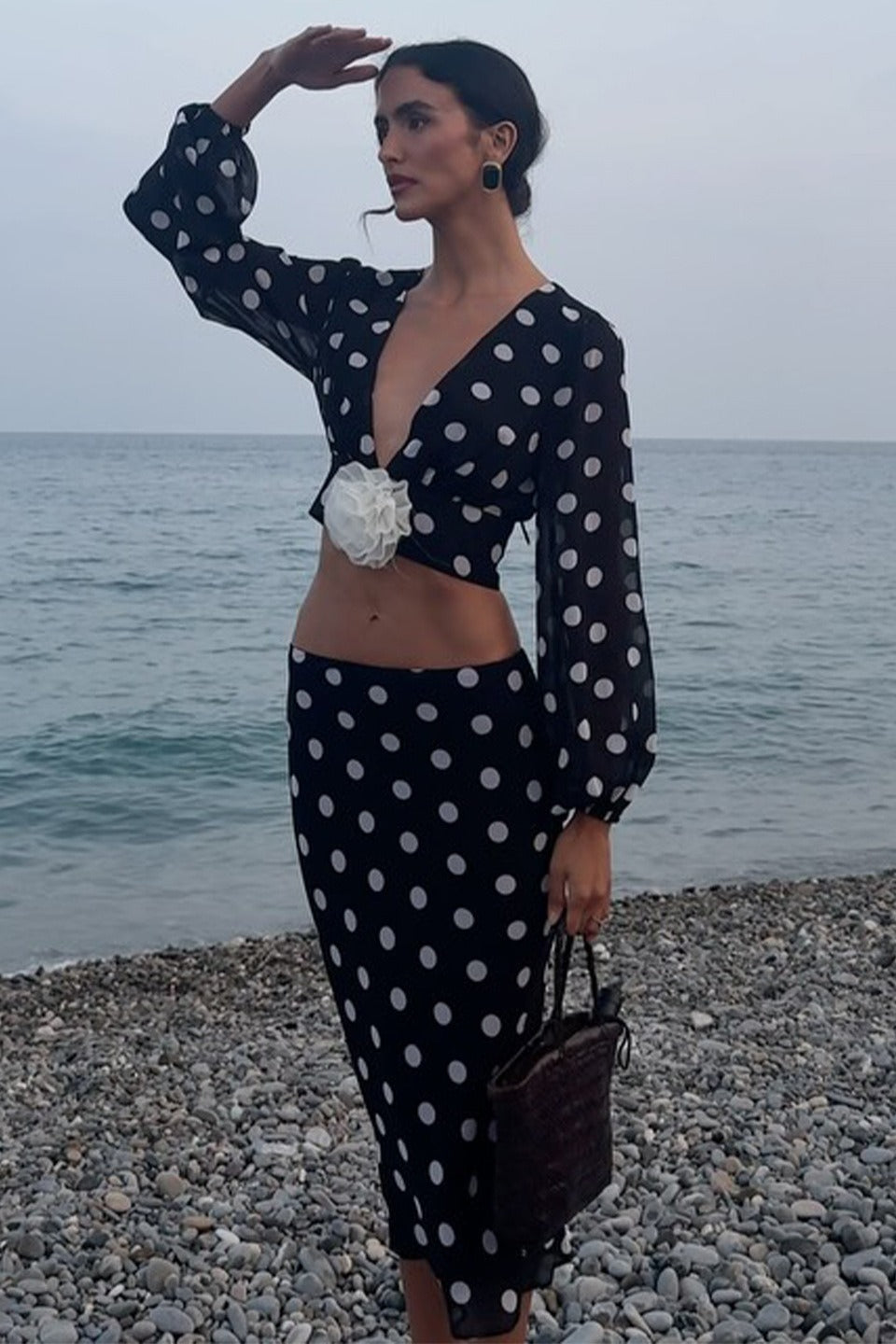 Polka Dot V-Neck Crop Skirt Two Pieces Set - Fashionpara