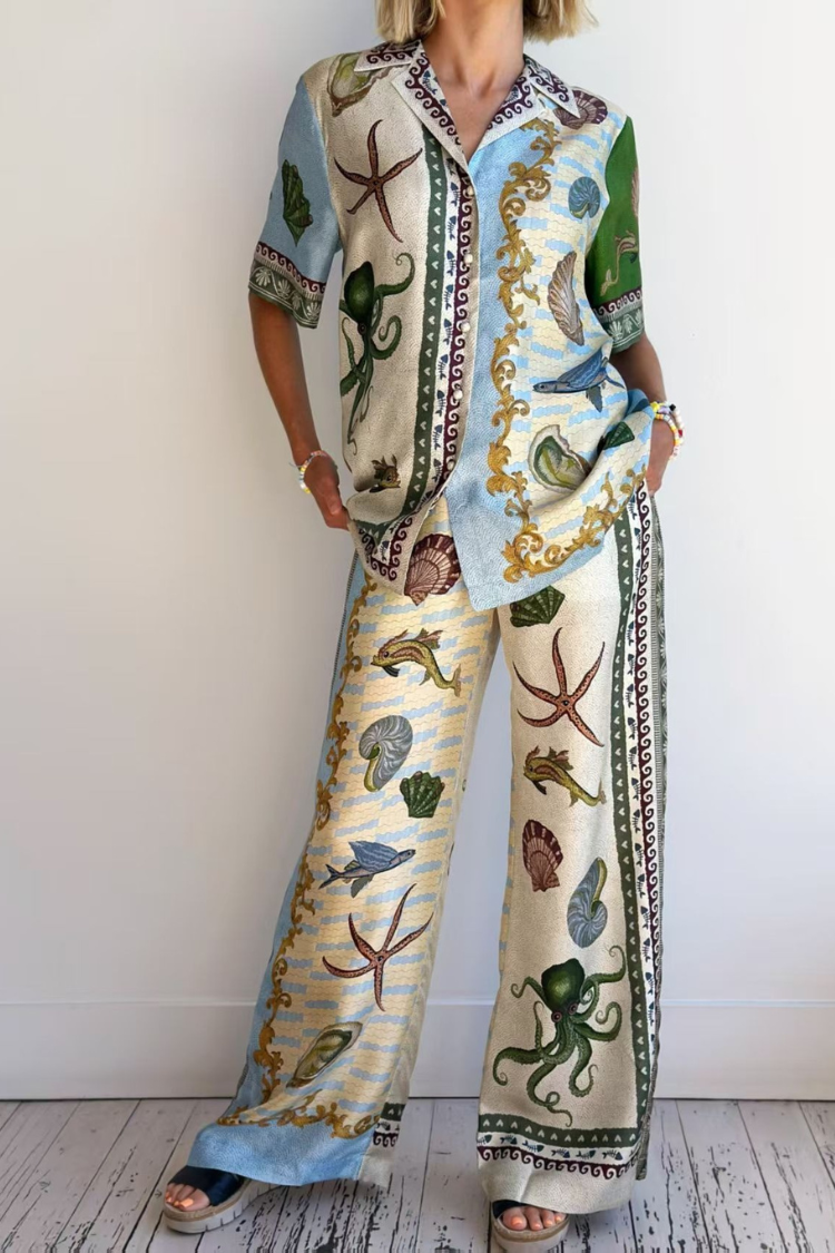 Deep Sea Dreaming Satin Unique Print Short Sleeve Shirt and Elastic Waist Pocketed Pants Set - Fashionpara