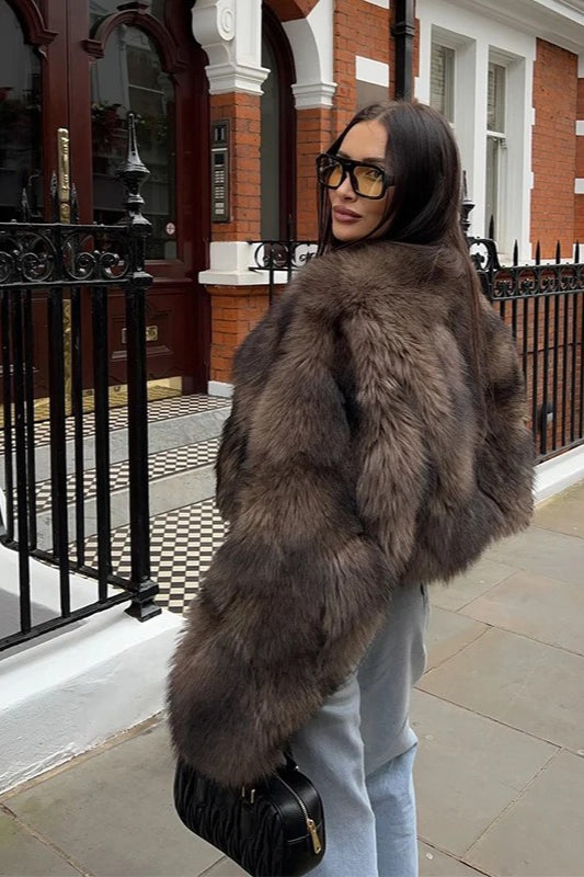 Brown Fluffy Faux Fur Coat - Fashionpara