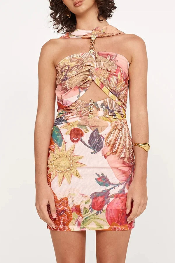 Geneva Mesh Rosette Hardware Cutout Ruched Stretch Mini Dress - Fashionpara