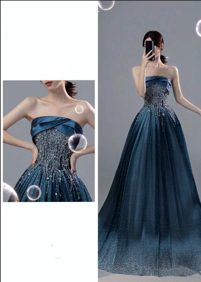 Retro Ball Gown Strapless Neckline Sequin Blue Party Dress Long Prom Dress Evening Dresses SD1754
