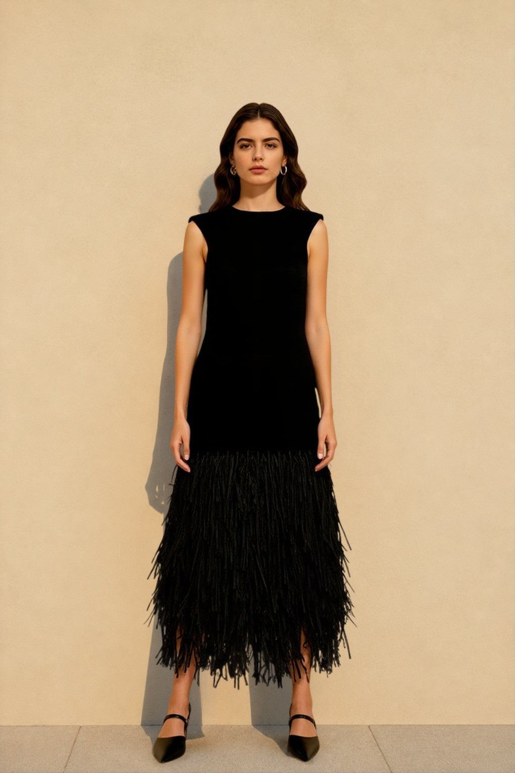 Solid Raffia Panel Knit Midi Cocktail Dress