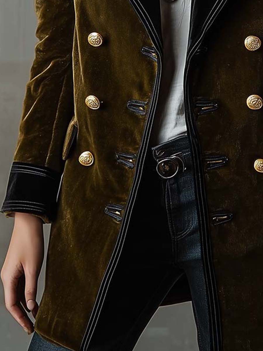 Olive Synthetic Velvet Double-Breasted Military Coat - Fashionpara
