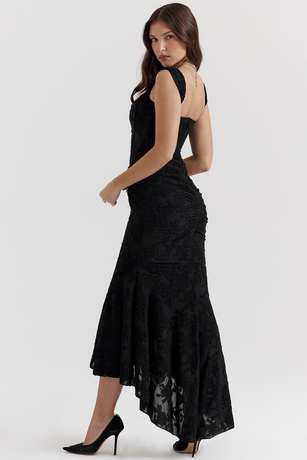 Square Neck Sleeveless Corset Ruched Fishtail Midi Dress - View 6