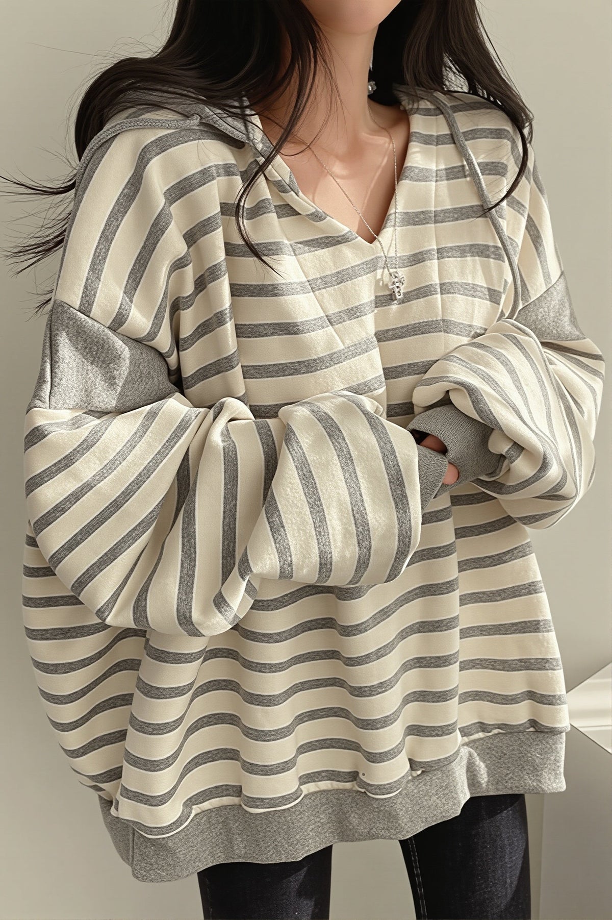 Striped V Neck Pullover Hoodie 2