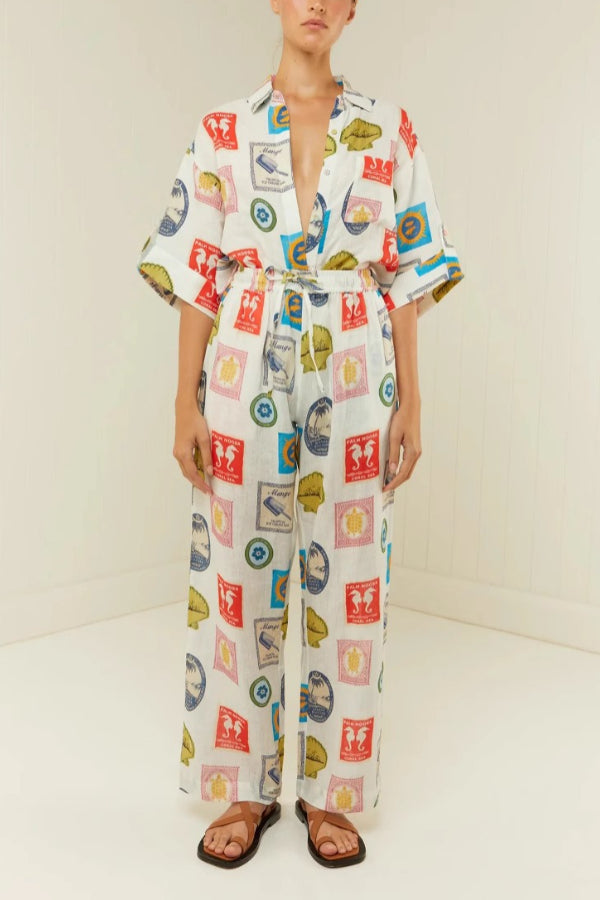 Fashion Printed Linen Casual All-match Shirt Cardigan Trousers - Fashionpara