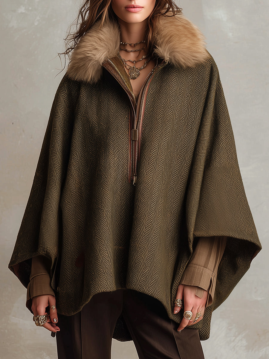 Retro Detachable Fur Collar Bat Sleeve Cape Coat