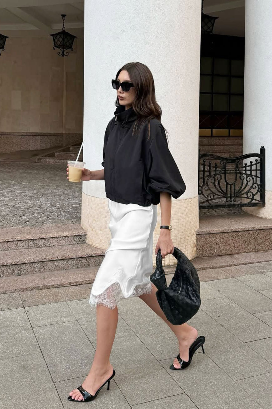White Lace Hem Midi Skirt