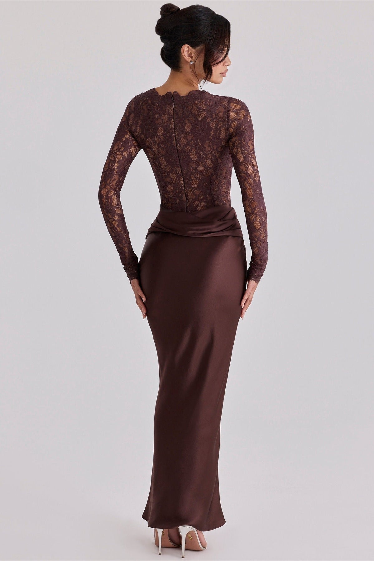 Sheer Lace Panel Ruched Satin Mermaid Maxi Lace Dress