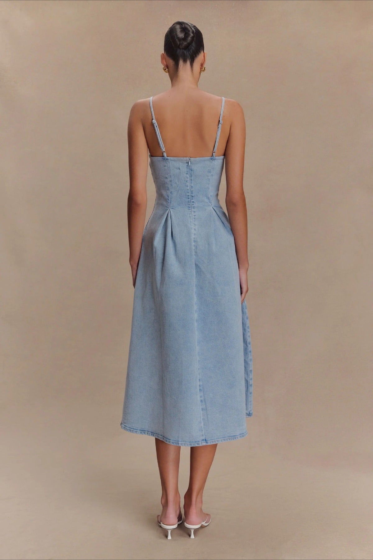 Denim Spaghetti Strap Pleated A-Line Midi Dress 5