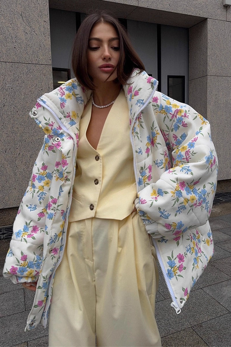 Printed Stand Collar Cotton Coat - Fashionpara