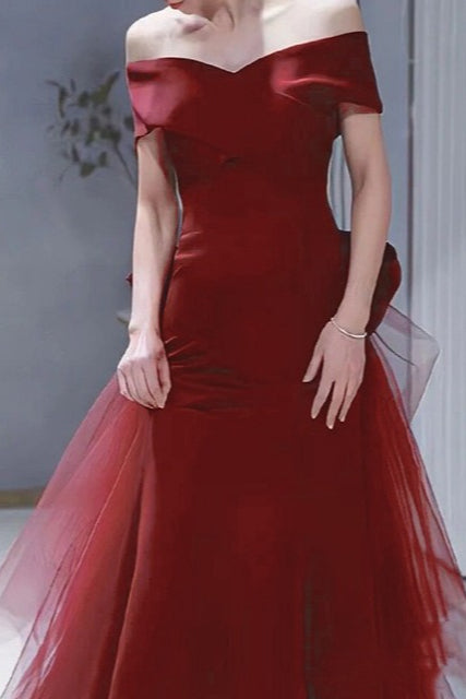 Satin Off Shoulder Tulle Mermaid Gown