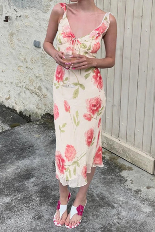 Floral V-Neck Tie Front Bias Cut Midi Dress