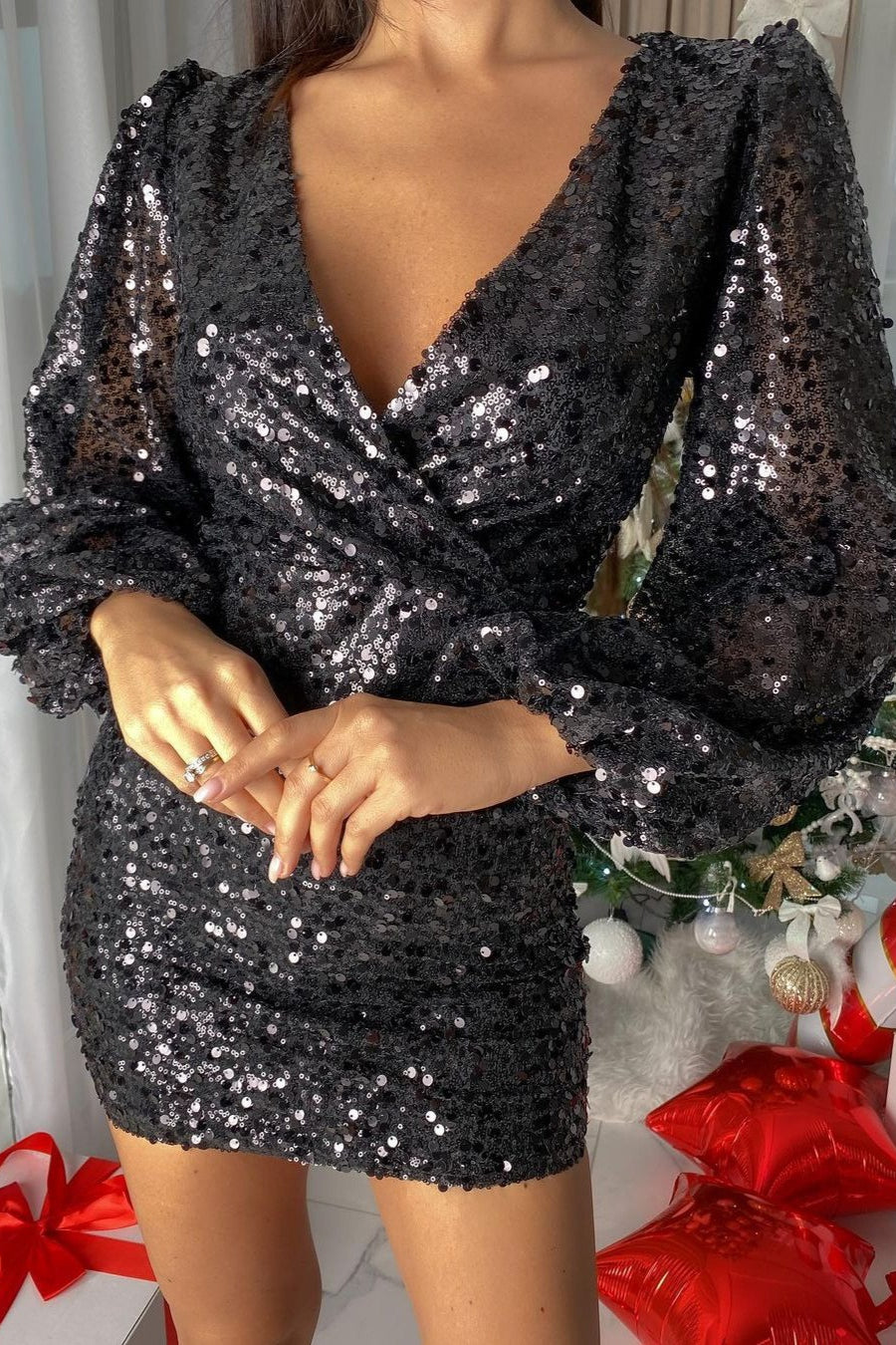 Sequin Deep V-Neck Bishop Sleeve Ruched Bodycon Mini Dress - View 4