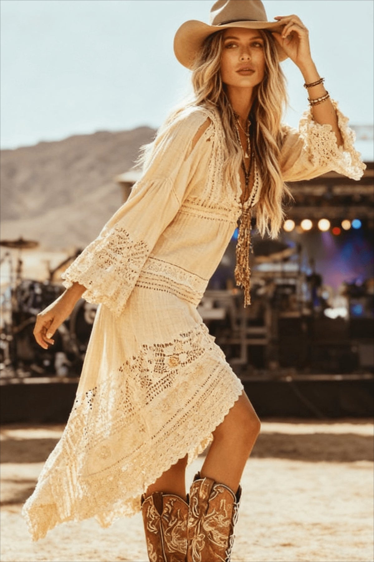 Crochet Lace V-Neck Flare-Sleeve Handkerchief Maxi Dress