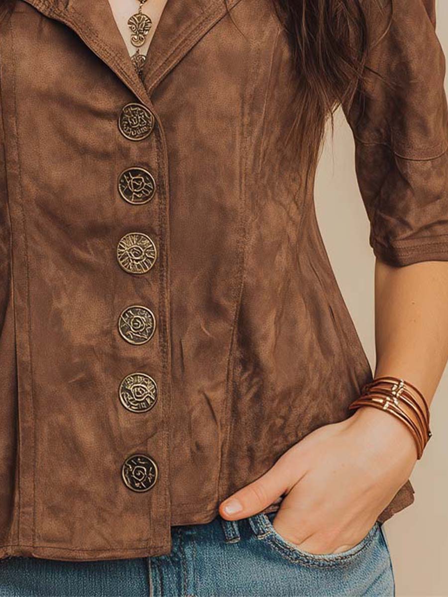 Chestnut Micro-suede Vintage Button Shirt - Fashionpara