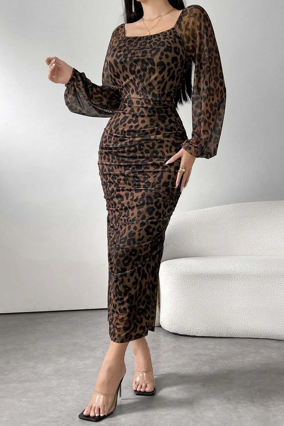 Ruffled Leopard Mesh Long Sleeve Maxi Dress