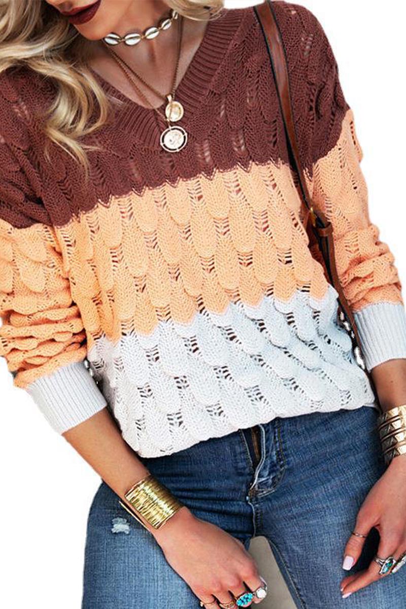 V-Neck Patchwork Casual Sweater  Fashionpara