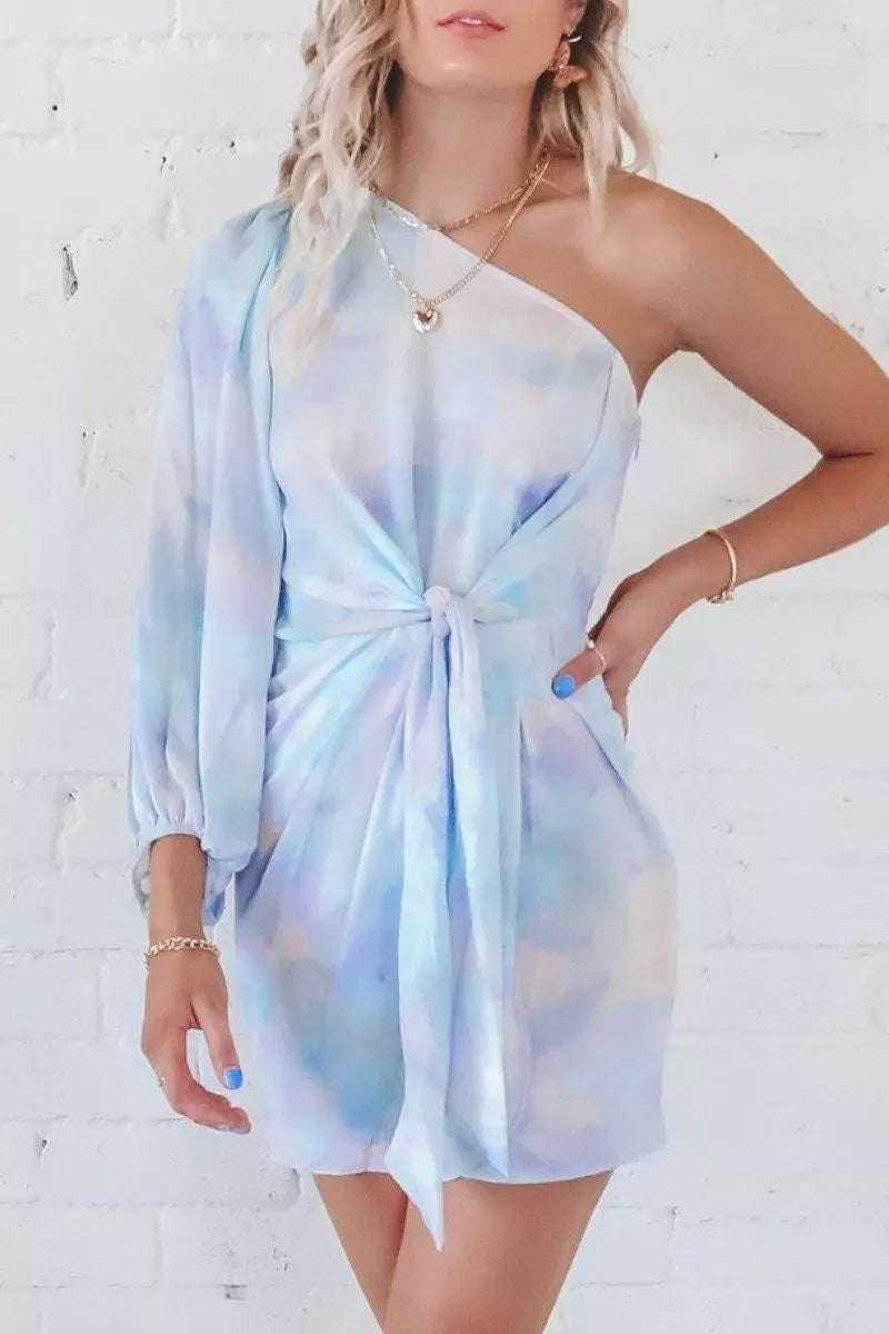 One Shoulder Tie-dye Baby Blue Mini Dress Fashionpara