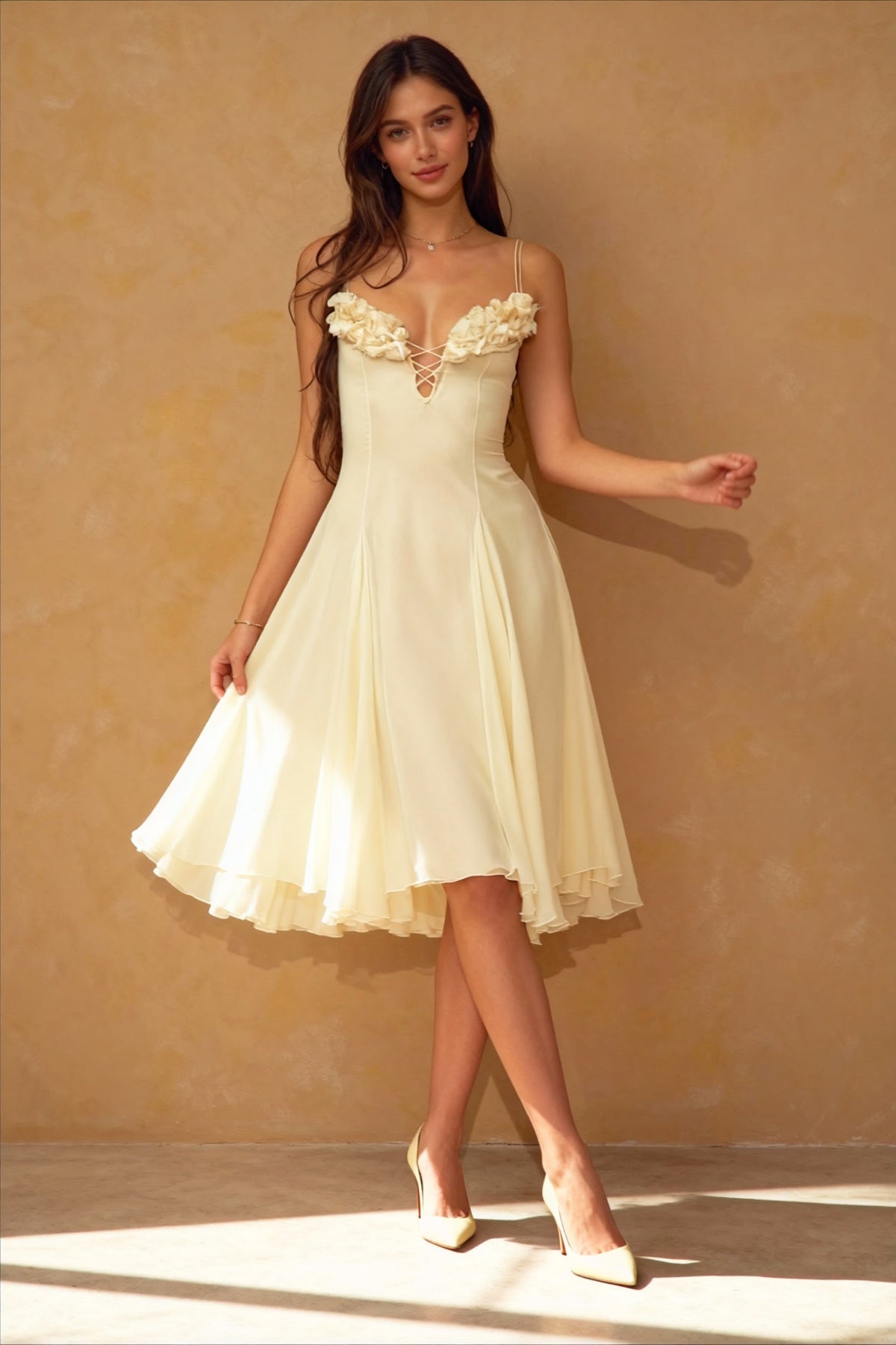 Chiffon Spaghetti Strap Deep V-Neck Rosette Fit and Flare Midi Dress