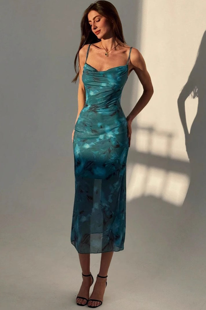 Floral Print Cowl Neck Sheer-Hem Bodycon Midi Dress