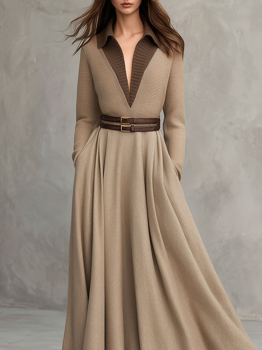 Elegant A-Line Contrast Lapel Long Camel Wool Coat Dress - Fashionpara