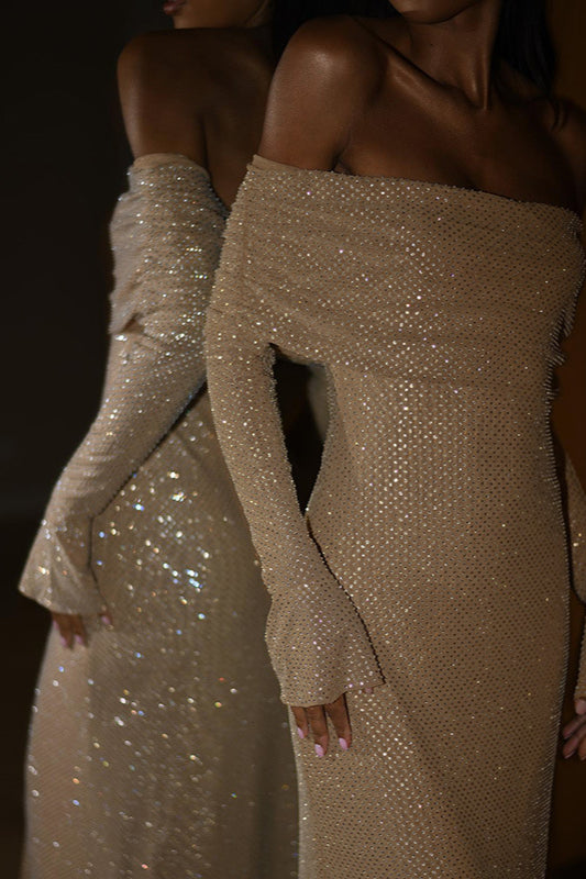 Rhinestone Off Shoulder Long Sleeve Bodycon Dress 9