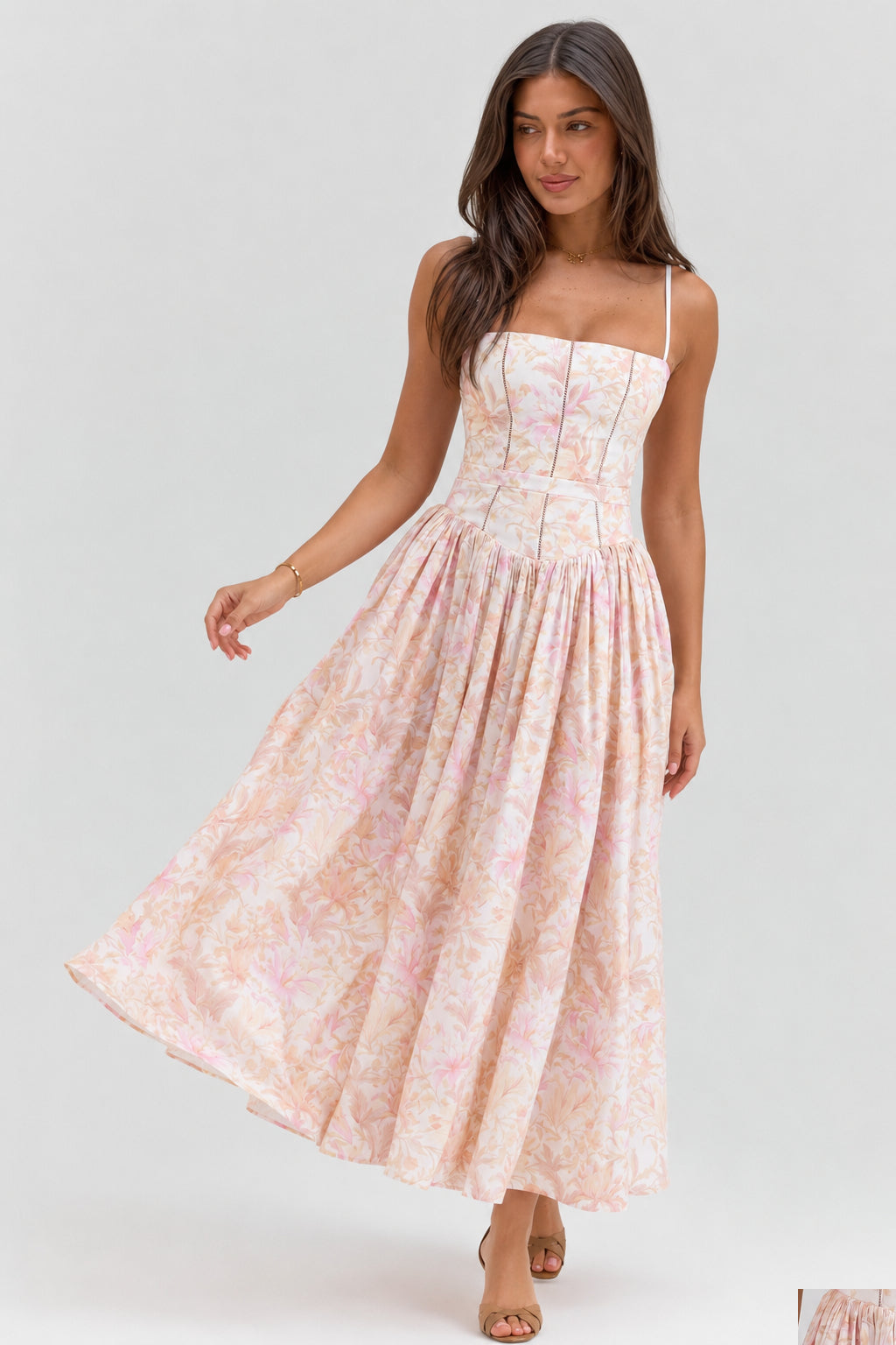 Floral Print Corset Drop Waist Full Skirt Maxi Dress