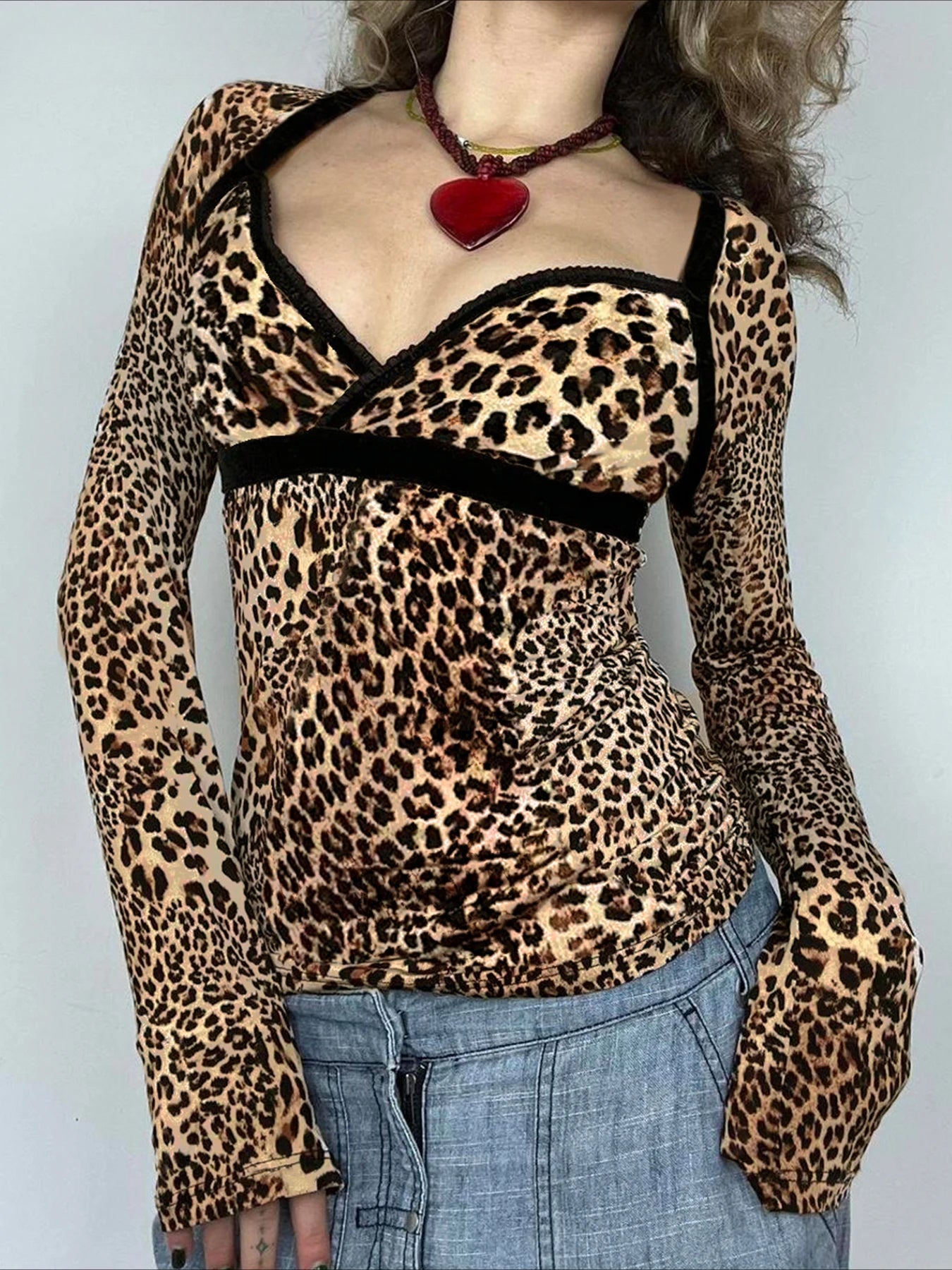 Leopard Patchwork Slim Square Collar Long Sleeve Knit Top - Fashionpara