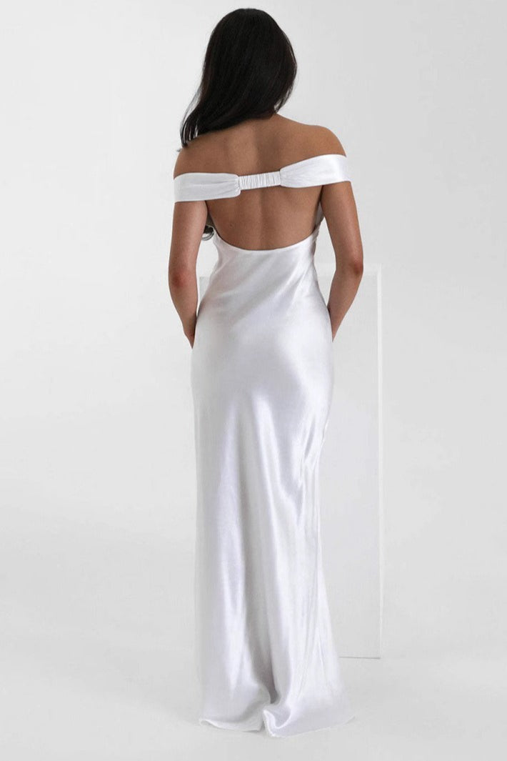 Satin Off Shoulder Sweetheart Slip Maxi Dress - View 5