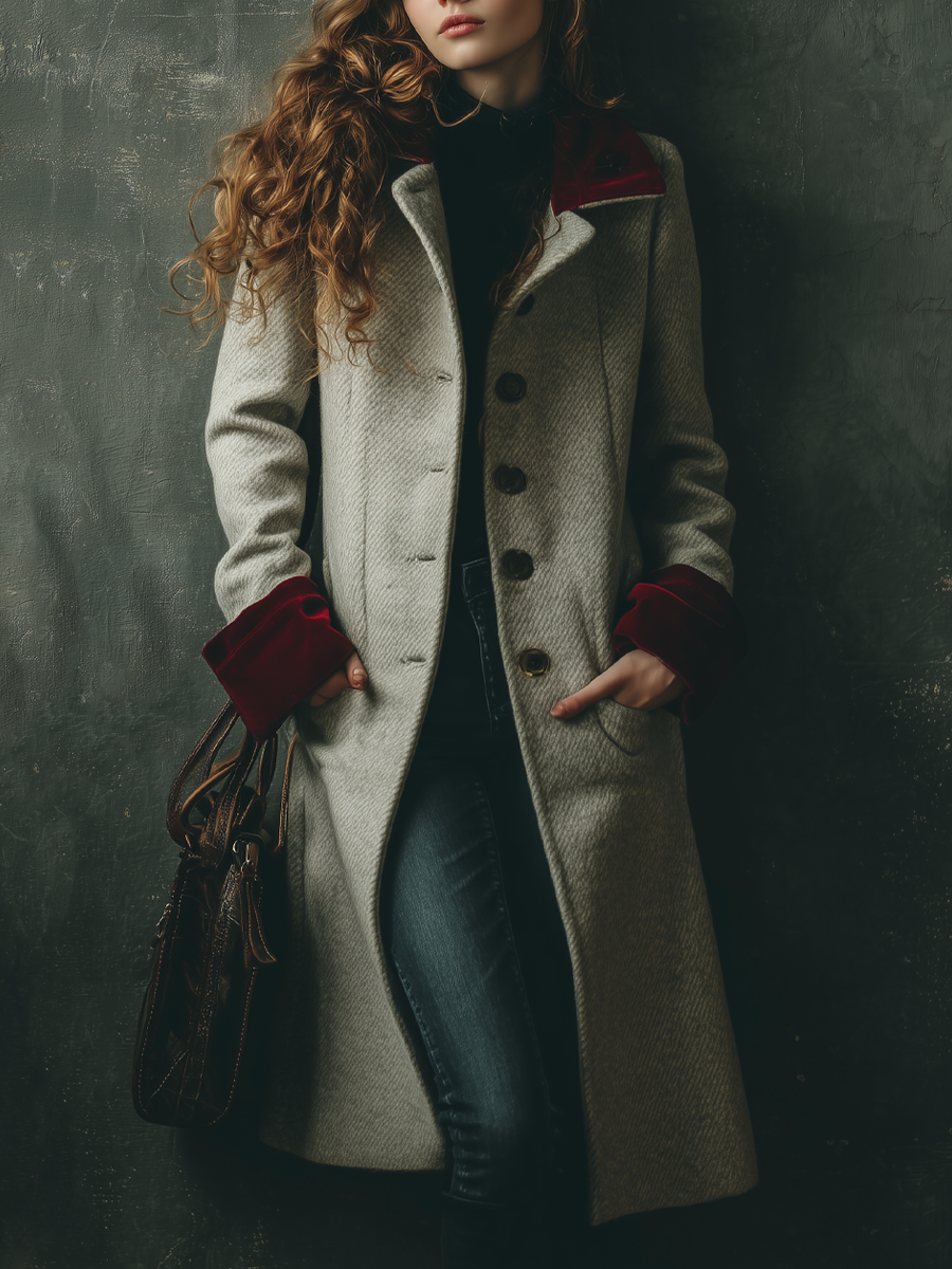 Vintage Twill Wool Blend Polyester Velvet Cuffs Coat