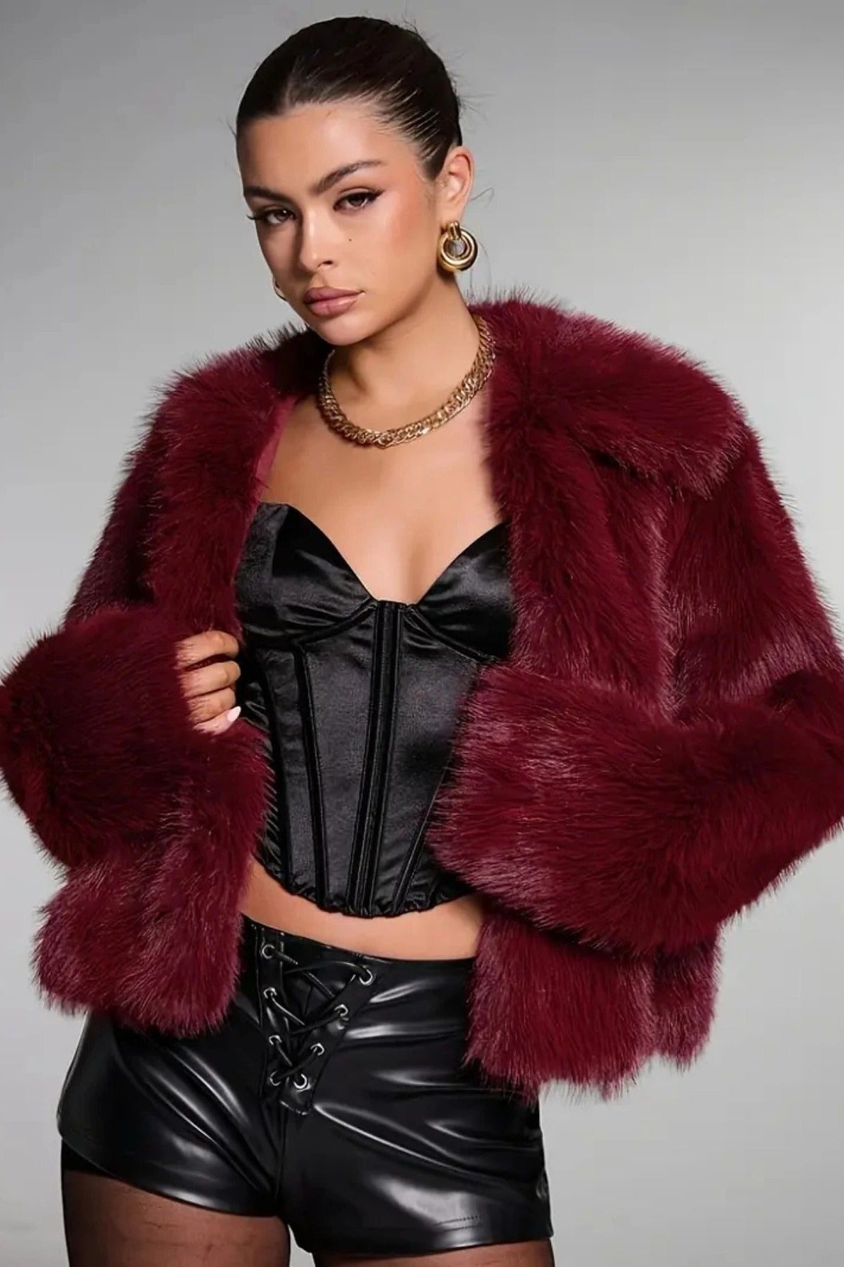 Vintage Faux Fur Buttoned Long-Sleeve Coat
