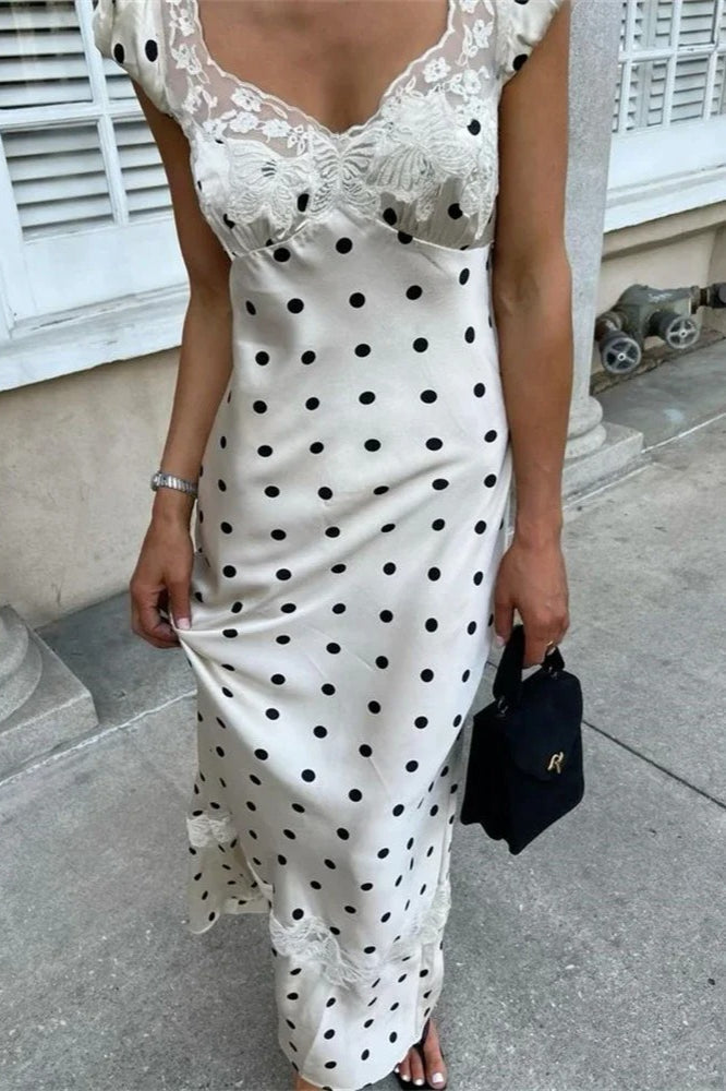 Polka Dot Lace-Trim Cap-Sleeve Satin Slip Maxi Dress 2
