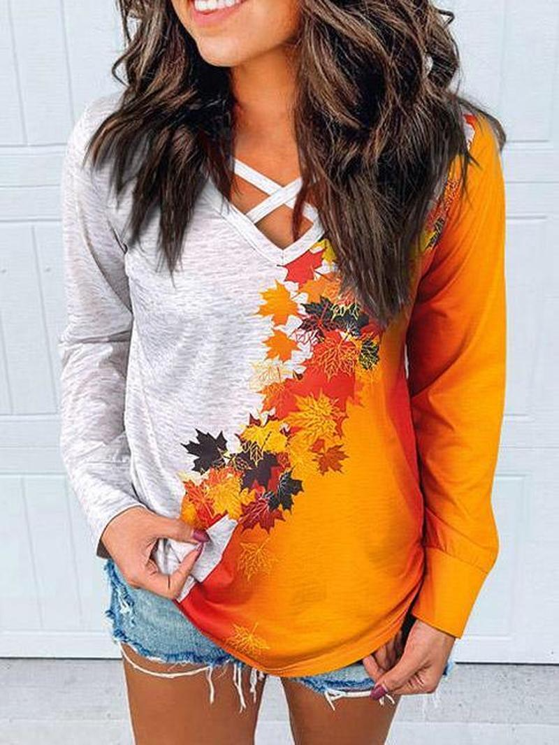Thanksgiving Maple Leaf Criss-Cross Blouse  Fashionpara
