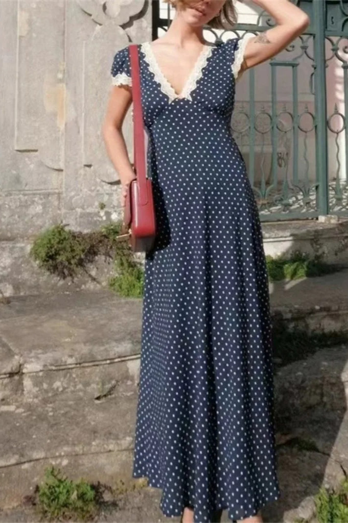Polka Dot Lace Maxi Dress - Fashionpara